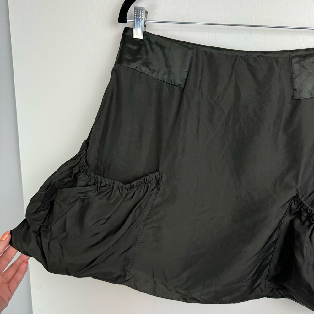 Prada 100% Silk Bubble Pockets Mini Skirt Sz 42 Dark Olive Satin - Picture 4 of 16